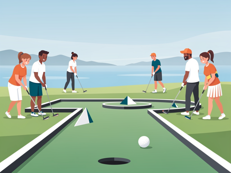 Abwechslungsreiche Adventure Golf Anlage am Bodensee mit kreativen Spielfeldern und Seehintergrund