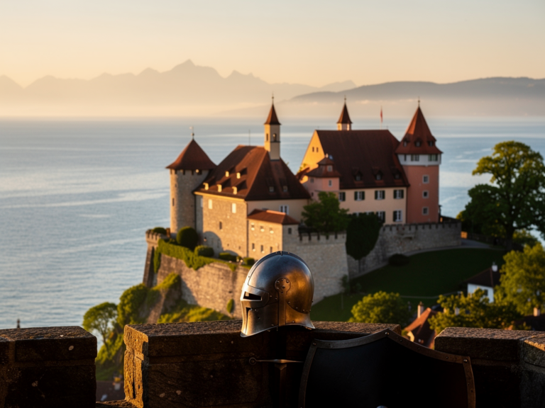Blick vom Alten Schloss Meersburg auf den Bodensee mit mittelalterlicher Atmosphäre