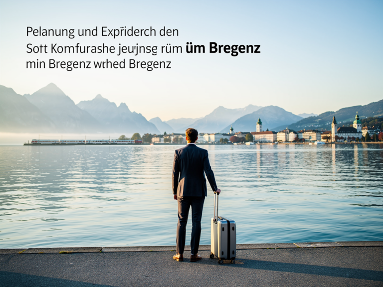 Blick auf Bregenz mit Bodensee und Verkehrsanbindung aus der Schweiz