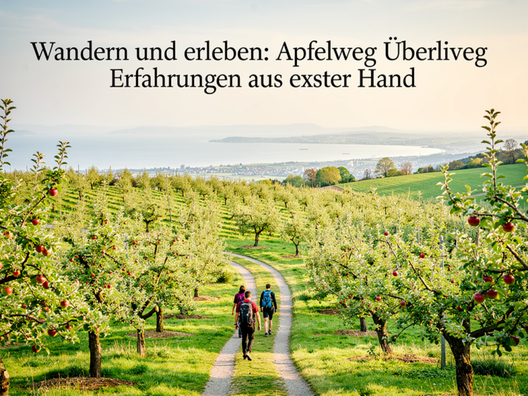 Wanderer auf dem Apfelweg in Überlingen zwischen blühenden Apfelbäumen und Panoramablick