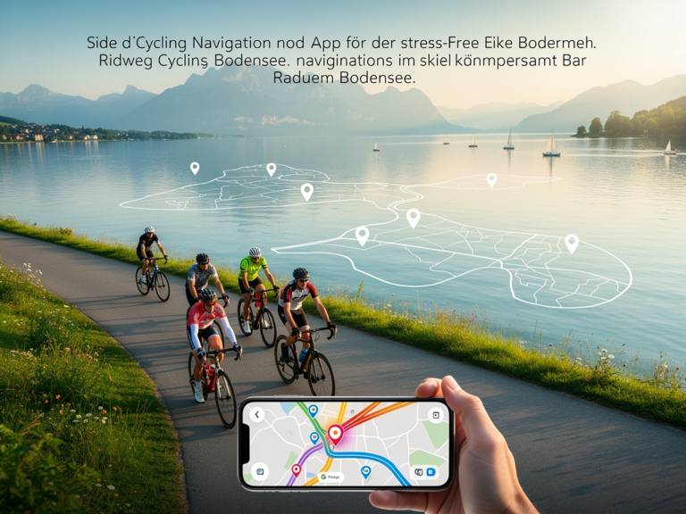 Fahrradfahrer nutzen App Navigation Radweg für stressfreie Bodensee-Rundfahrt unterwegs