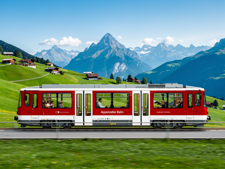 Panoramablick aus der Appenzeller Bahn auf malerische Schweizer Landschaften im Appenzellerland