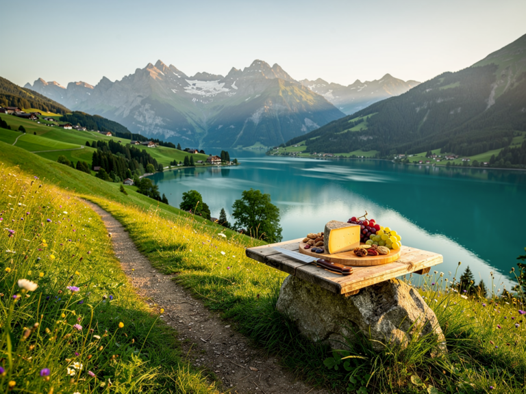 Wanderer genießen Ausblick auf grüne Hügel und Käse im Appenzeller Land