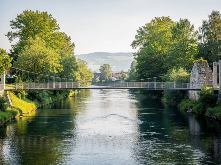 Argen-Hängebrücke Langenargen im Sonnenlicht mit Blick auf Argen und umliegende Natur