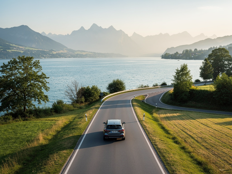 Auto unterwegs auf idyllischer Straße zum Bodensee mit Bergpanorama im Hintergrund