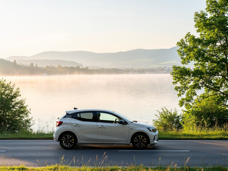 Bodensee entdecken mit dem Auto – clever anreisen und entspannt ankommen Auto auf der Autobahn am Bodensee unterwegs mit malerischer Landschaft im Hintergrund