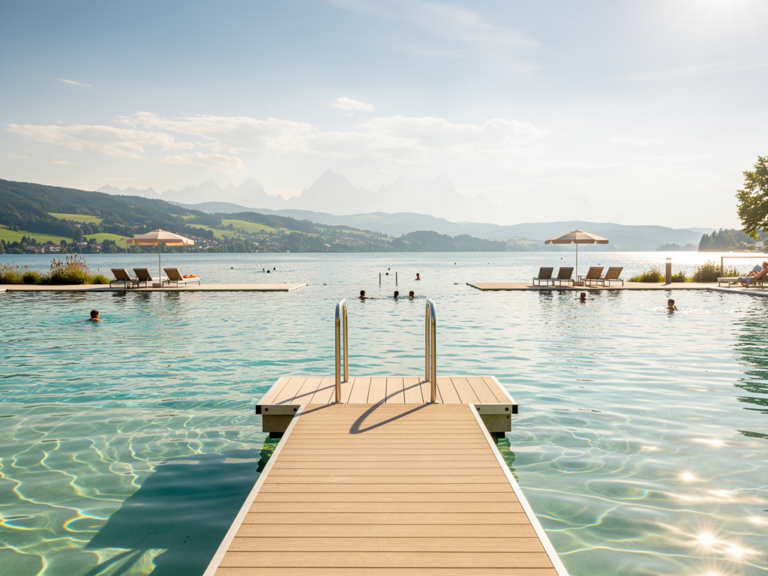 Badegäste genießen die Saison an einem sonnigen Bodensee-Freibad im Sommer