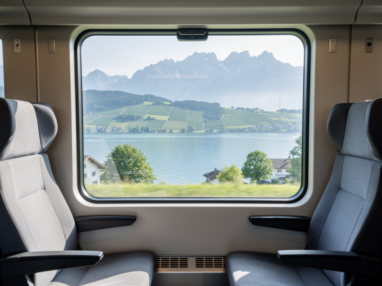 Bahnreisen rund um den Bodensee entspannt und nachhaltig erleben Moderner Regionalzug am Bodenseeufer mit Blick auf grüne Landschaft und Bahnnetz