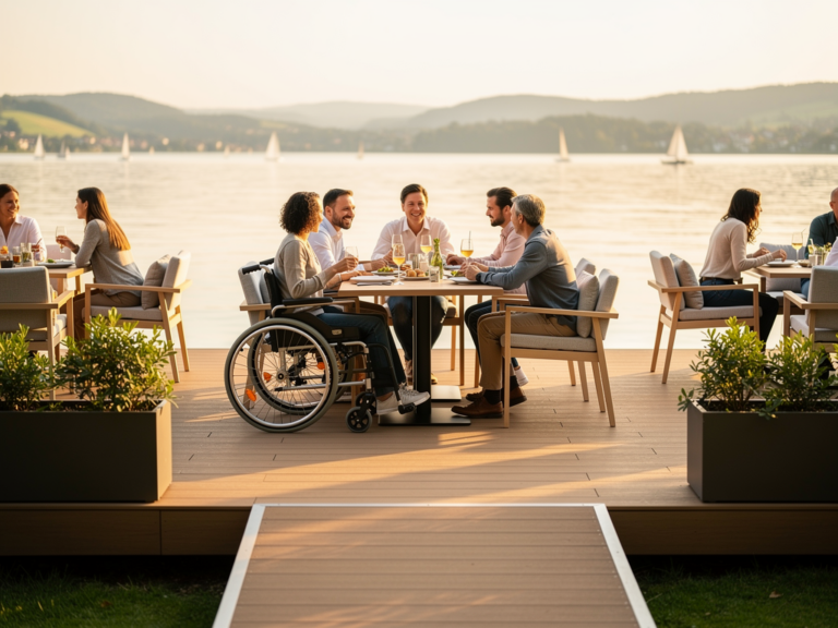 Barrierefreier Restaurantzugang am Bodensee mit rollstuhlgerechten Wegen und Terrasse