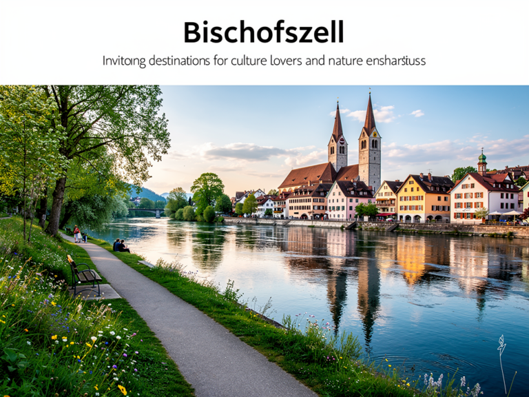 Spaziergänger am ruhigen Flussufer der Thur in der Altstadt von Bischofszell