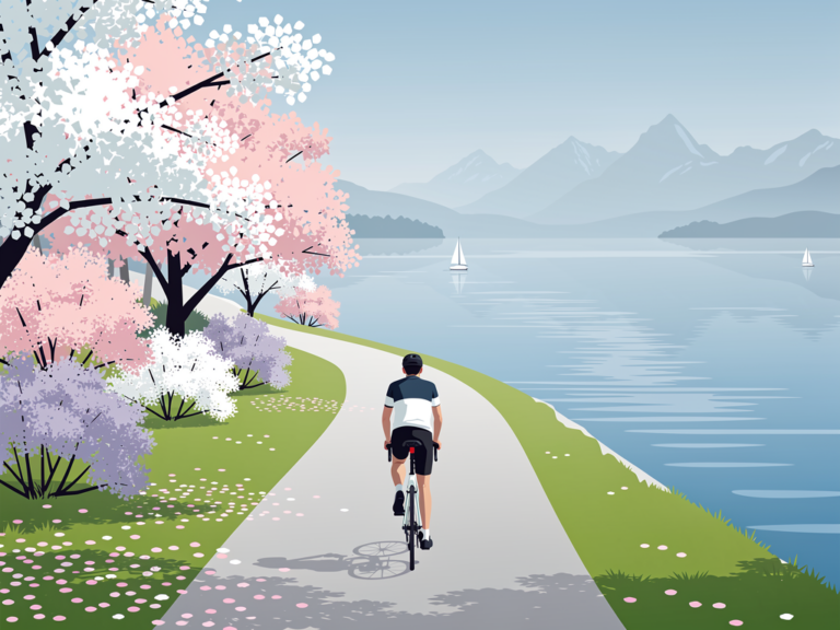 Radfahrer genießen die bunte Blütenpracht entlang der Bodensee Radroute im Frühling