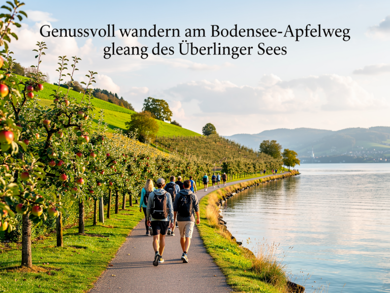 Genussvoll wandern am Bodensee-Apfelweg entlang des Überlinger Sees Wanderer genießen sonnigen Morgen am Bodensee-Apfelweg mit Apfelbäumen am Überlinger See