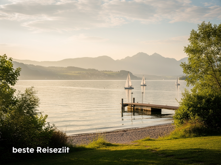 Bodensee Fotografie bei warmem Abendlicht mit malerischer Bergkulisse und Seeufer