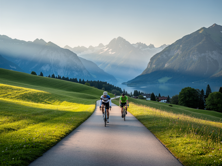 Radfahrer auf dem Bodensee Königssee Radweg umgeben von malerischer Natur und Bergen