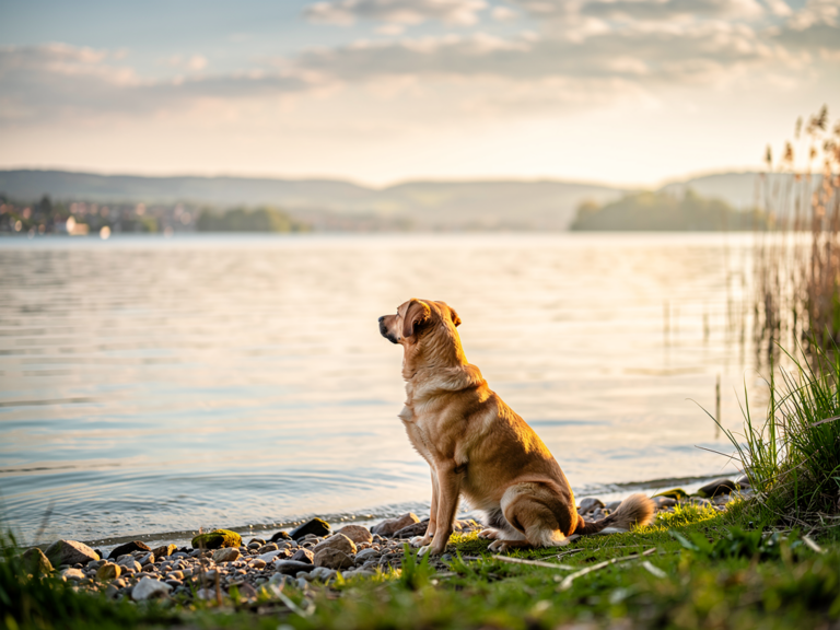 Bodensee mit Hund erleben – ideale Reisezeiten für entspannten Urlaub Hund läuft entspannt am Bodenseeufer im milden Frühjahrswetter
