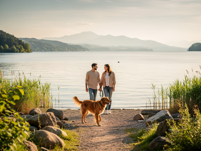 Hund entspannt am Bodenseeufer mit Blick auf Wasser und grüne Landschaft