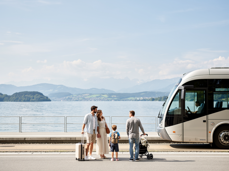 Fahrgäste nutzen Bodensee ÖPNV mit Bus, Bahn und Schiff für entspannte Ausflüge