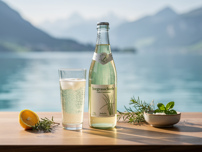 Seegrasschorle in Flasche mit Bodensee Seealpen Landschaft im Hintergrund