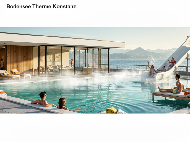 Thermalbecken der Bodensee Therme Konstanz mit Blick auf den Bodensee