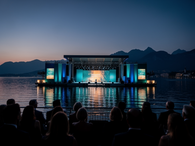 Spektakuläre Seebühne der Bregenzer Festspiele bei Sonnenuntergang am Bodensee