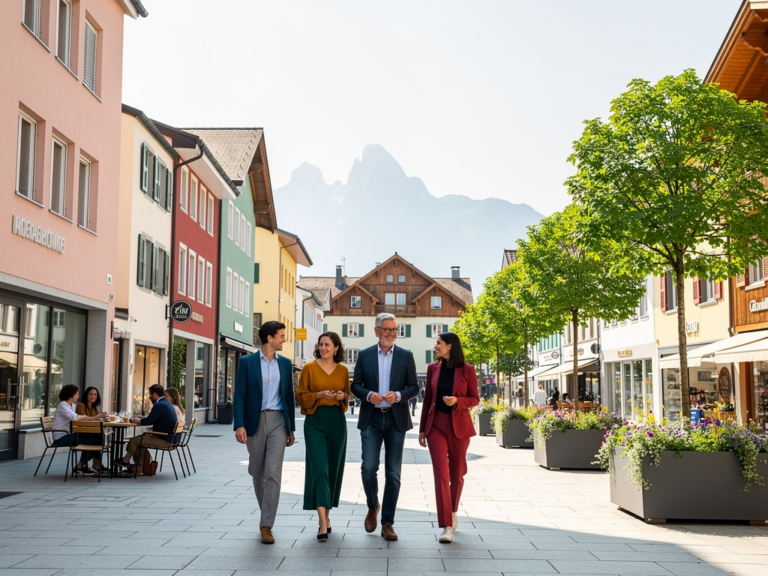 Menschen beim Stadtbummel durch die lebendige Innenstadt von Dornbirn im Herbst