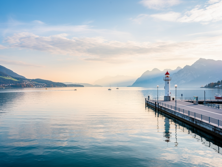 Morgendliche Aussicht auf Bodenseeufer im Drei Länder Eck bei Lindau