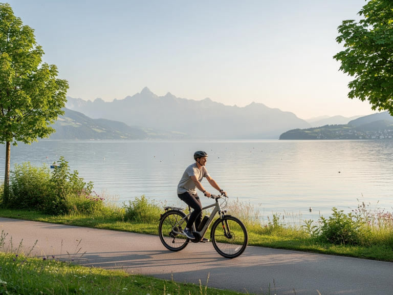 Entspannte E-Bike-Fahrt entlang des Bodensees mit grüner Uferlandschaft