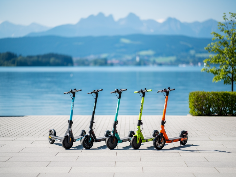 E-Scooter Verleih am Bodensee zeigt verschiedene preiswerte Modelle auf belebter Promenade
