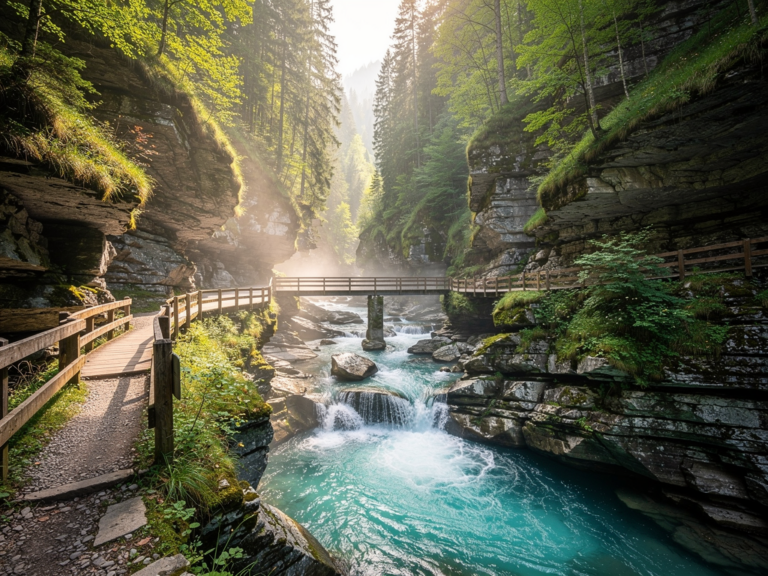 Wanderpfad im Eistobel mit Wasserfall und grüner Schluchtenlandschaft im Allgäu