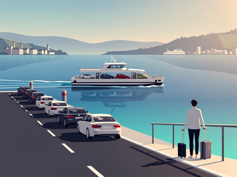 Fähre Konstanz Meersburg mit Fahrzeugschlange und wartenden Autos am Anleger