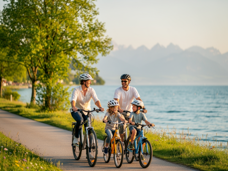 Familien fahren entspannt auf kinderfreundlichen Radwegen rund um Konstanz im Grünen