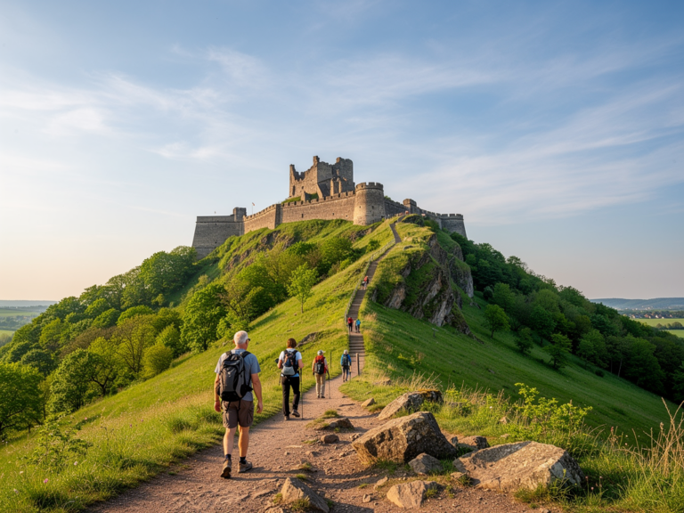 Wanderung rund um die Festung Hohentwiel Schwierigkeitsgrad und Tipps Wanderer auf steilem Pfad mit Blick auf die Festung Hohentwiel und umliegende Natur