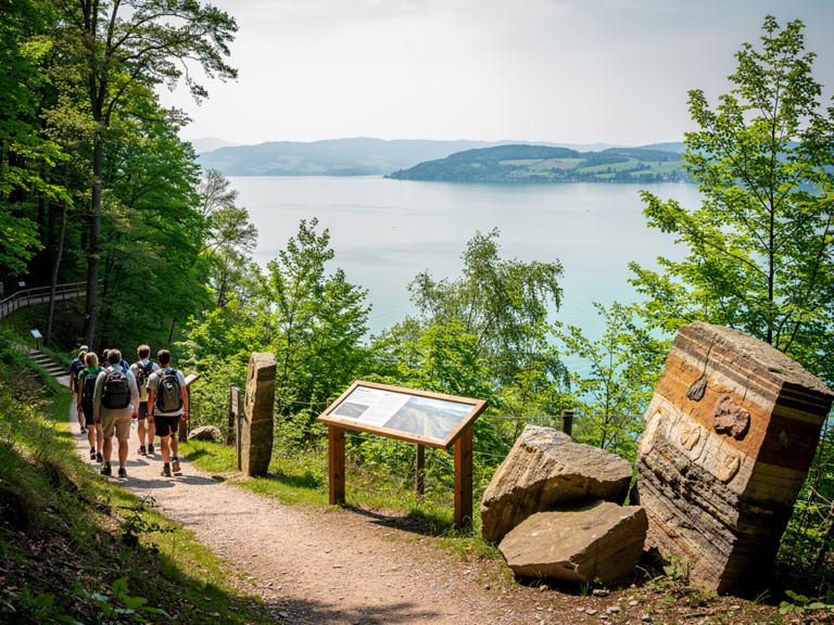 Panoramablick auf den geologischen Lehrpfad Sipplingen am Bodensee mit Felsen und Wanderweg
