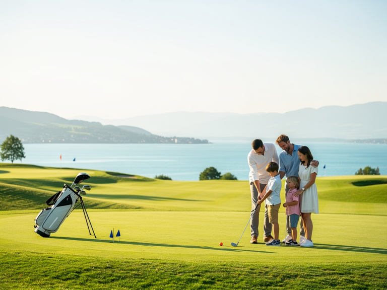 Familie erlebt spielerischen Golf Schnupperkurs im Golfclub Owingen am Bodensee