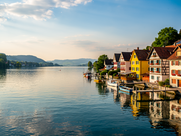 Idyllisches Fischerdorf Gottlieben Schweiz am ruhigen Seerhein mit historischen Fachwerkhäusern