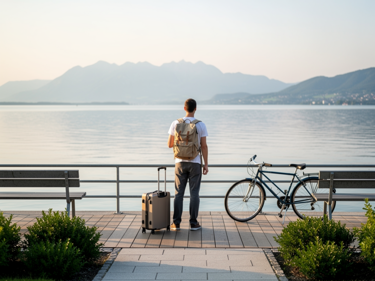 Zugfahrgäste genießen günstige Anreise Bodensee mit malerischer Seenlandschaft im Hintergrund