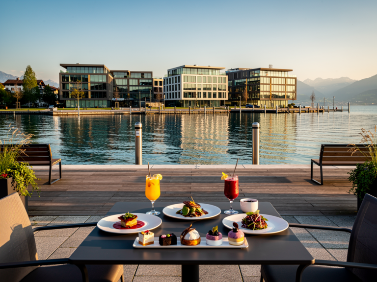 Moderner Hafen mit Cafés und Seepromenade in der Hafencity Arbon am Bodensee