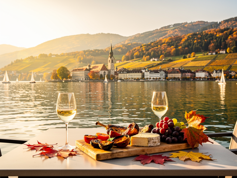 Herbstliche Bodenseelandschaft mit bunten Blättern, Weinbergen und Seeuferpromenade