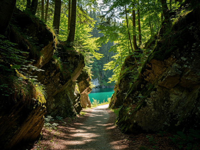Wanderweg durch den schattigen Hödinger Tobel mit moosbedeckten Felsen und Bächen