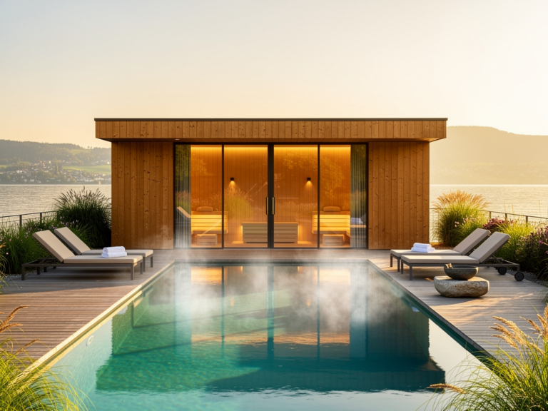 Seeblick-Sauna mit Panoramafenstern und Blick auf Bodensee im Hotel Residenz am See Meersburg