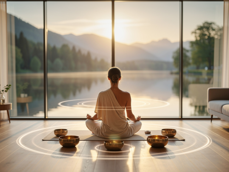 Gäste erleben tiefenentspannende Klangschalen Meditation im Hotel Seelust an der Nordsee