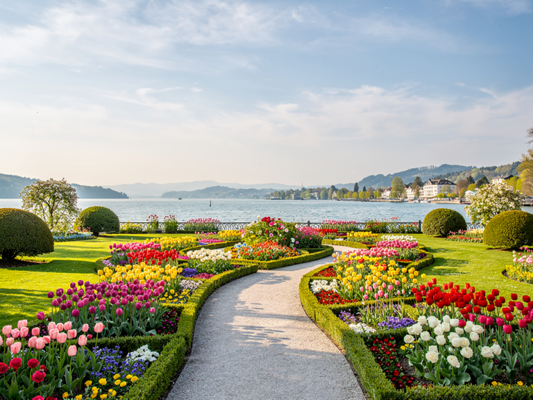 Bunte Blumenfelder und Schmetterlinge auf der Insel Mainau am Bodensee