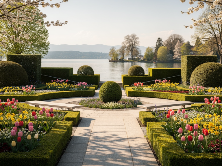 Insel Mainau Erfahrungen im Frühling Gartenarchitektur und Natur erleben Blühende Frühlingslandschaft mit Gartenarchitektur auf der Insel Mainau im Bodensee