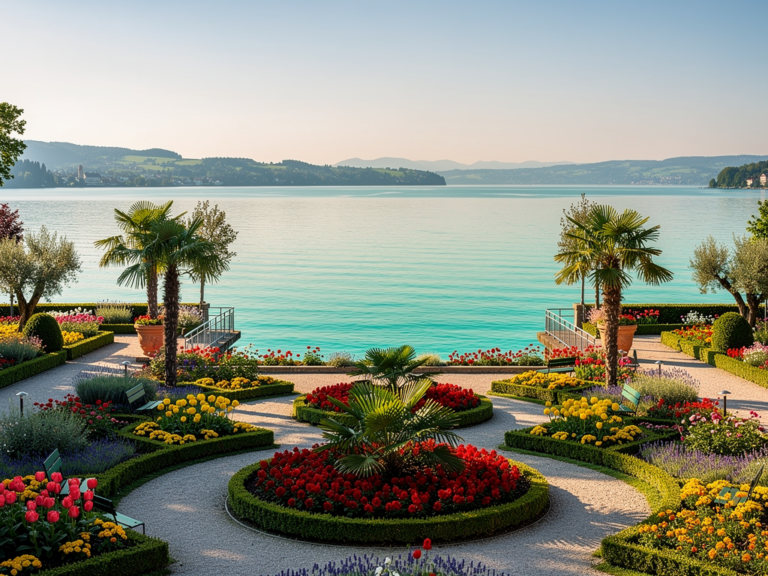 Blühende Gartenlandschaft der Insel Mainau am Bodensee mit Spazierweg und Erholung