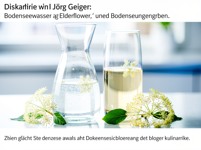 Flasche Jörg Geiger Bodenseewasser mit Holunderblüte und frischen Holunderblüten am Bodensee