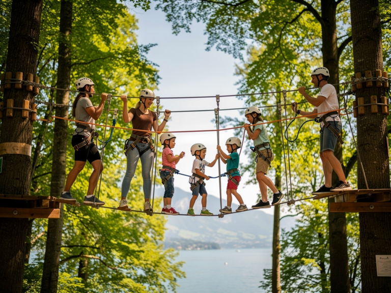 Familie beim Klettern im abwechslungsreichen Kletterpark Immenstaad am Bodensee