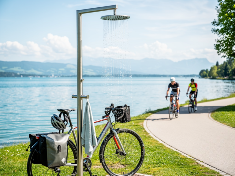 Kostenlose Duschen beim Radfahren am Bodensee entdecken und nutzen Radfahrer nutzen kostenlose Duschen an Rastplätzen und Bädern am Bodensee