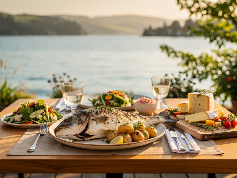 Frisches Fischgericht und regionale Spezialitäten am Bodenseeufer genießen