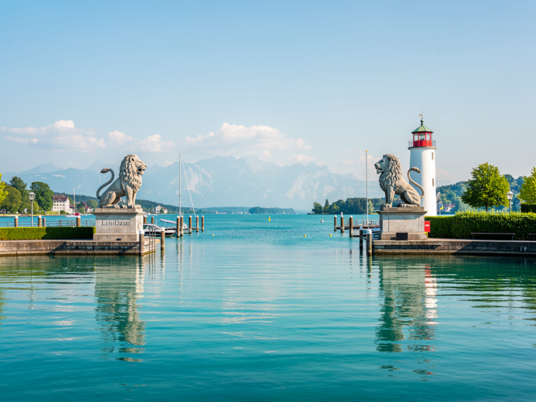Lindau Hafeneinfahrt mit Leuchtturm und Bayerischem Löwen am Bodenseeufer