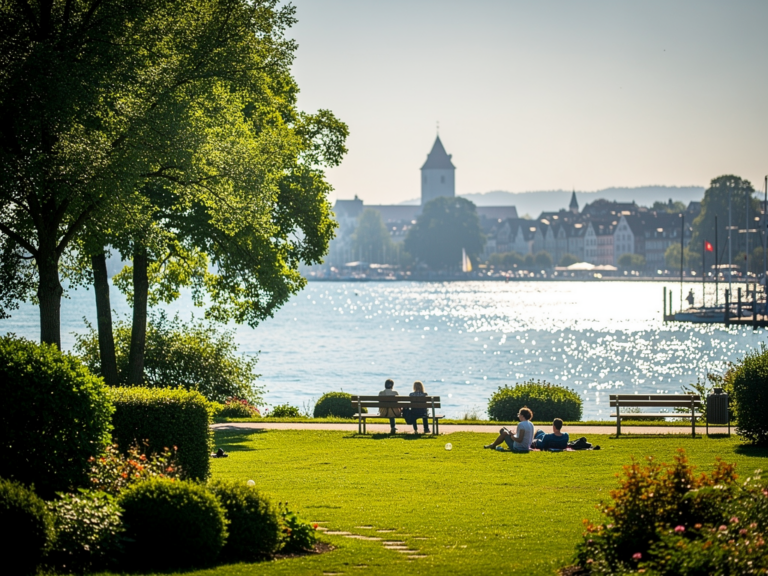 Blick auf grüne Wiesen und alte Bäume im Lindenhofpark Lindau am Bodensee